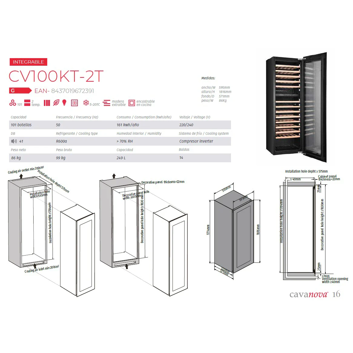 Vinoteca encastrable 100 botellas Cavanova CV0100KT-2T doble zona - Image 6