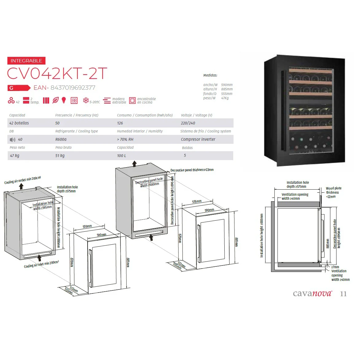 Vinoteca encastrable 42 botellas Cavanova CV042KT-2T doble zona - Image 5