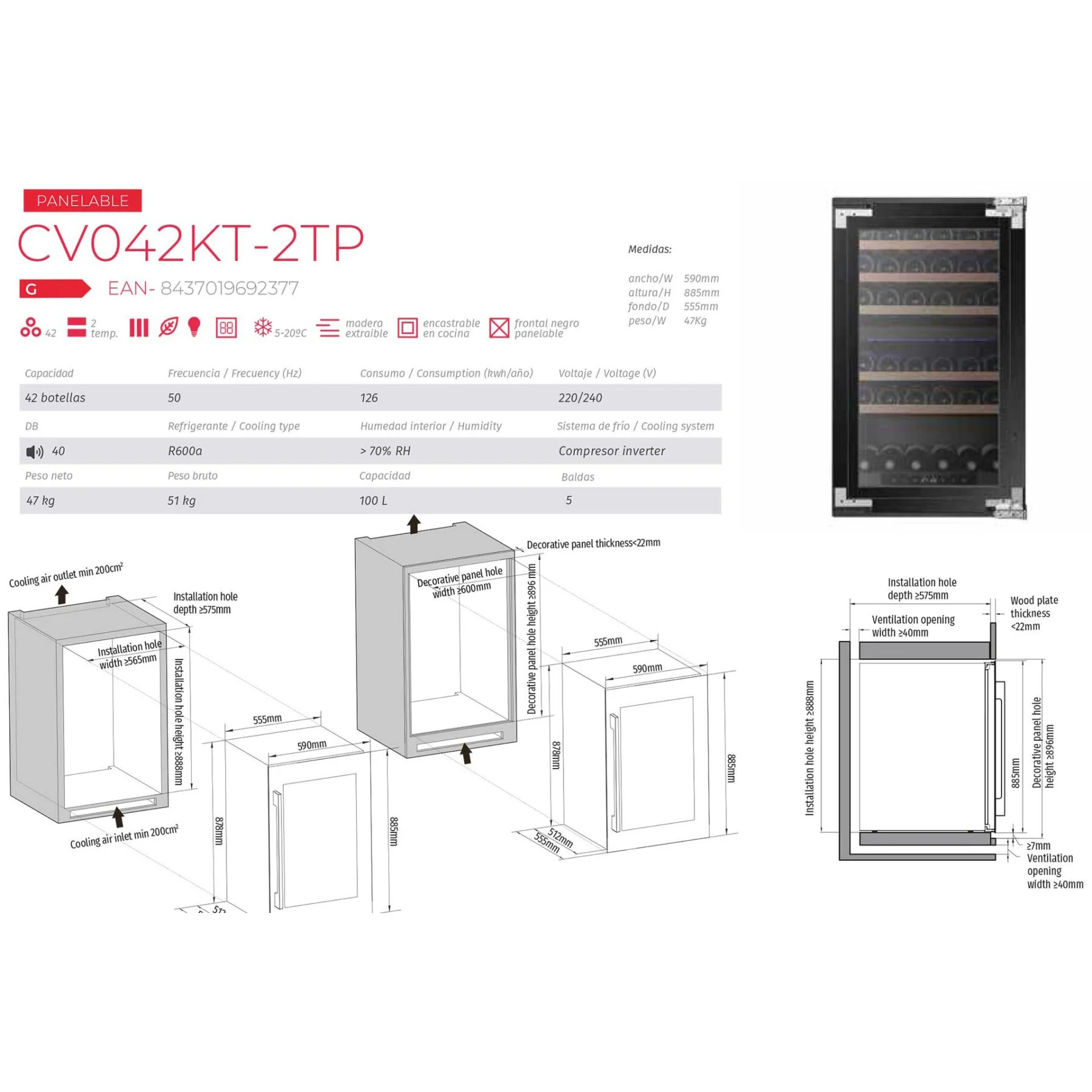 Vinoteca encastrable y panelable 42 botellas Cavanova CV042KT-2TP doble zona - Image 5